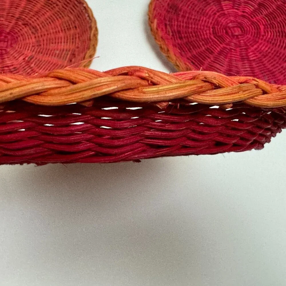 4 Vintage Red / Pink Wicker Rattan Woven Natural Plate Basket Boho Wall Decor